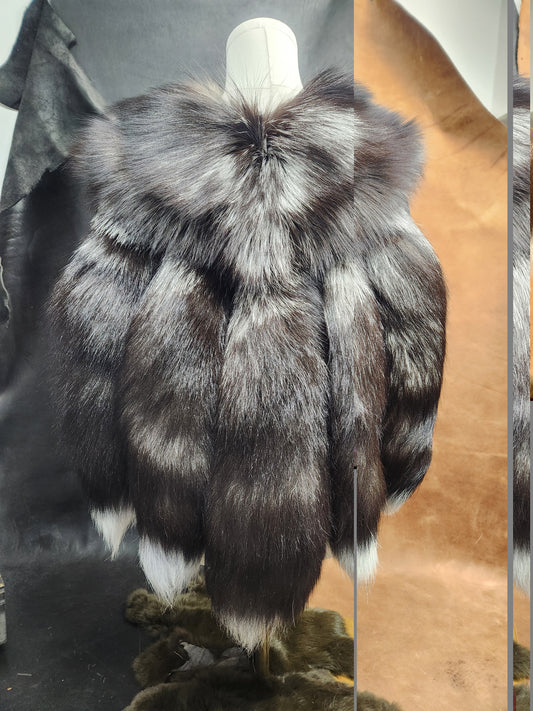 Silver Fox Tail and Black Deerskin Leather Mantle