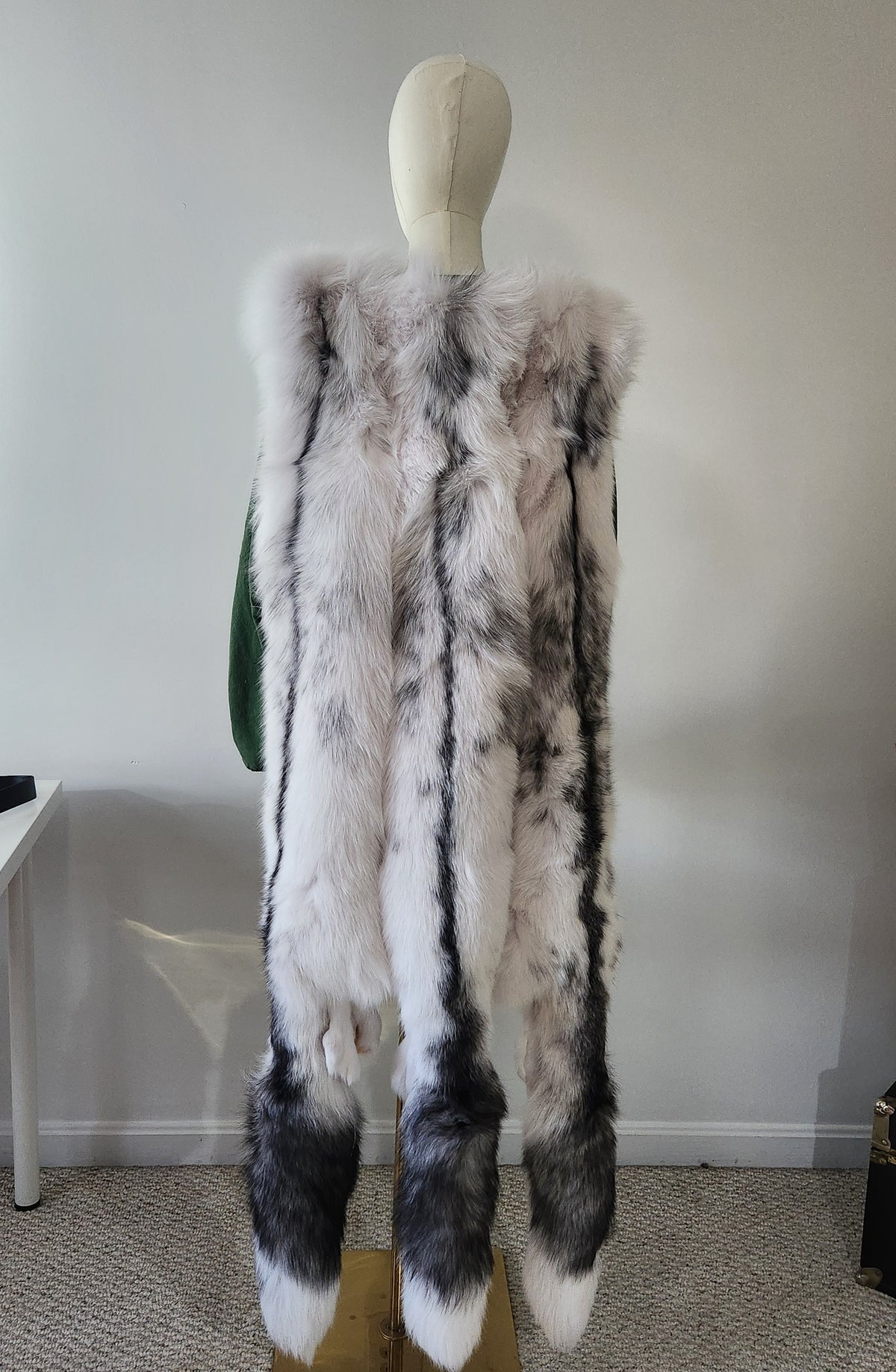 Triple Marble Frost Fox Pelt Fur Mantle with Black Deerskin