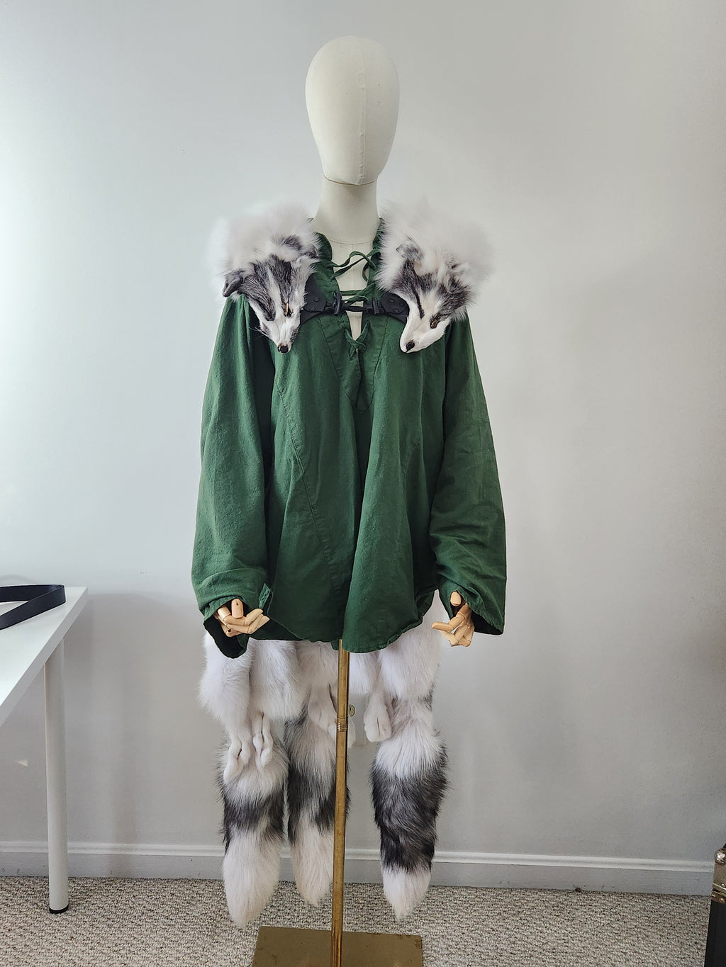 Triple Marble Frost Fox Pelt Fur Mantle with Black Deerskin