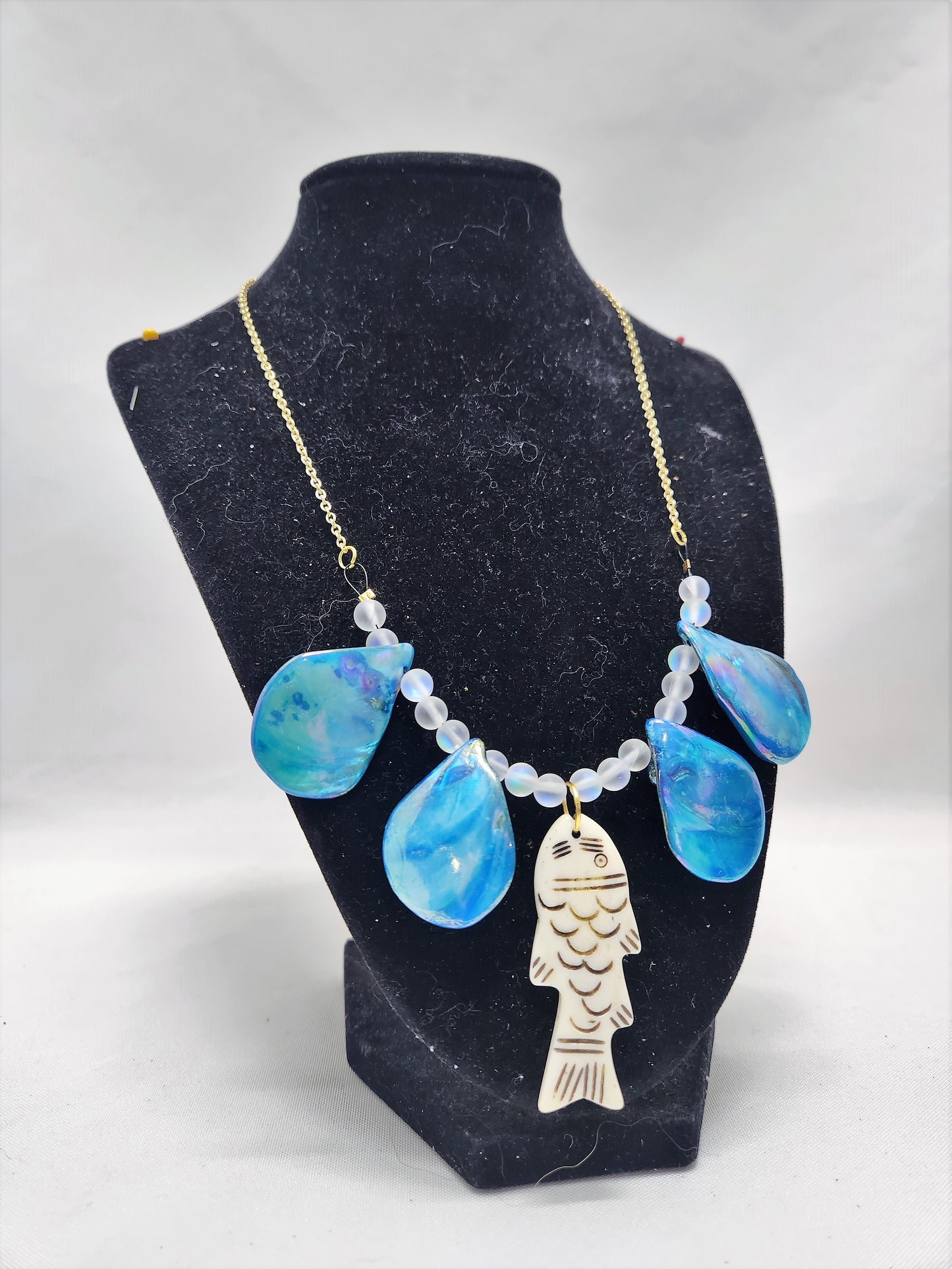 Mermaid Necklace with Bone-Carved Fish and Abalone Shell