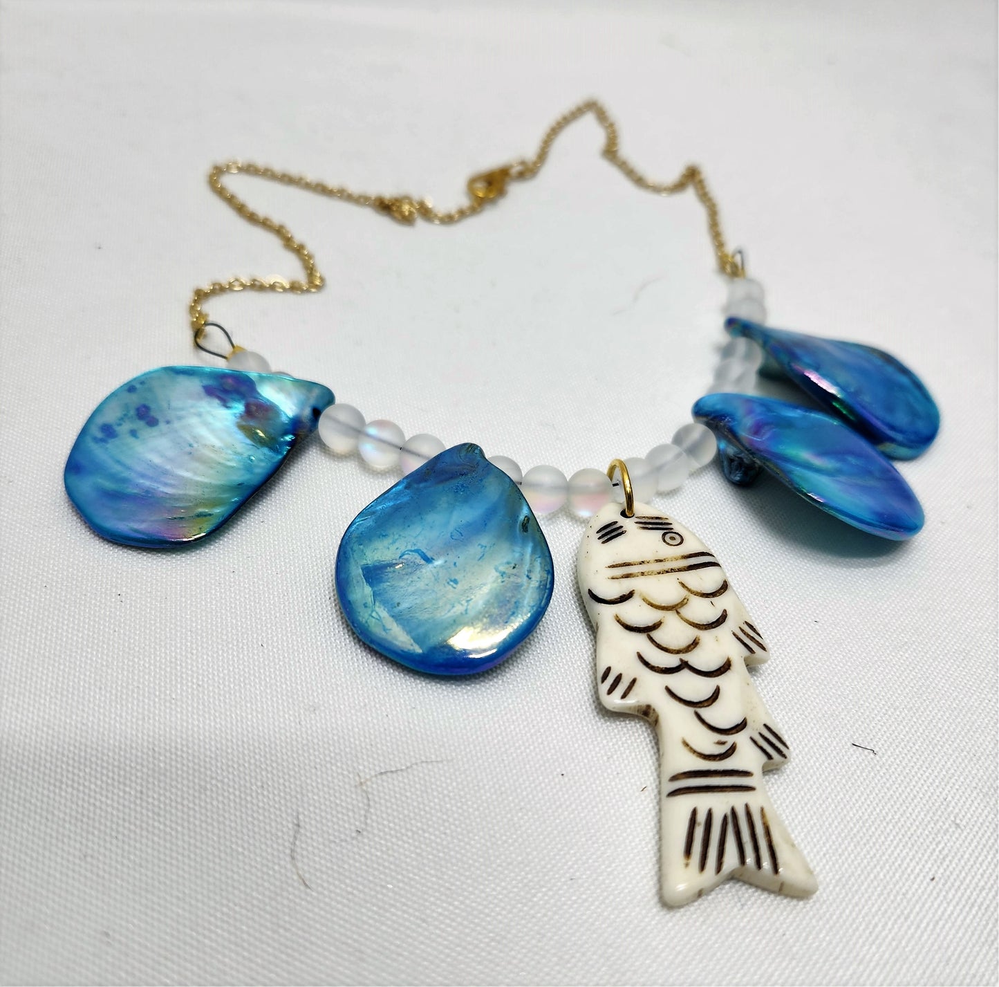 Mermaid Necklace with Bone-Carved Fish and Abalone Shell