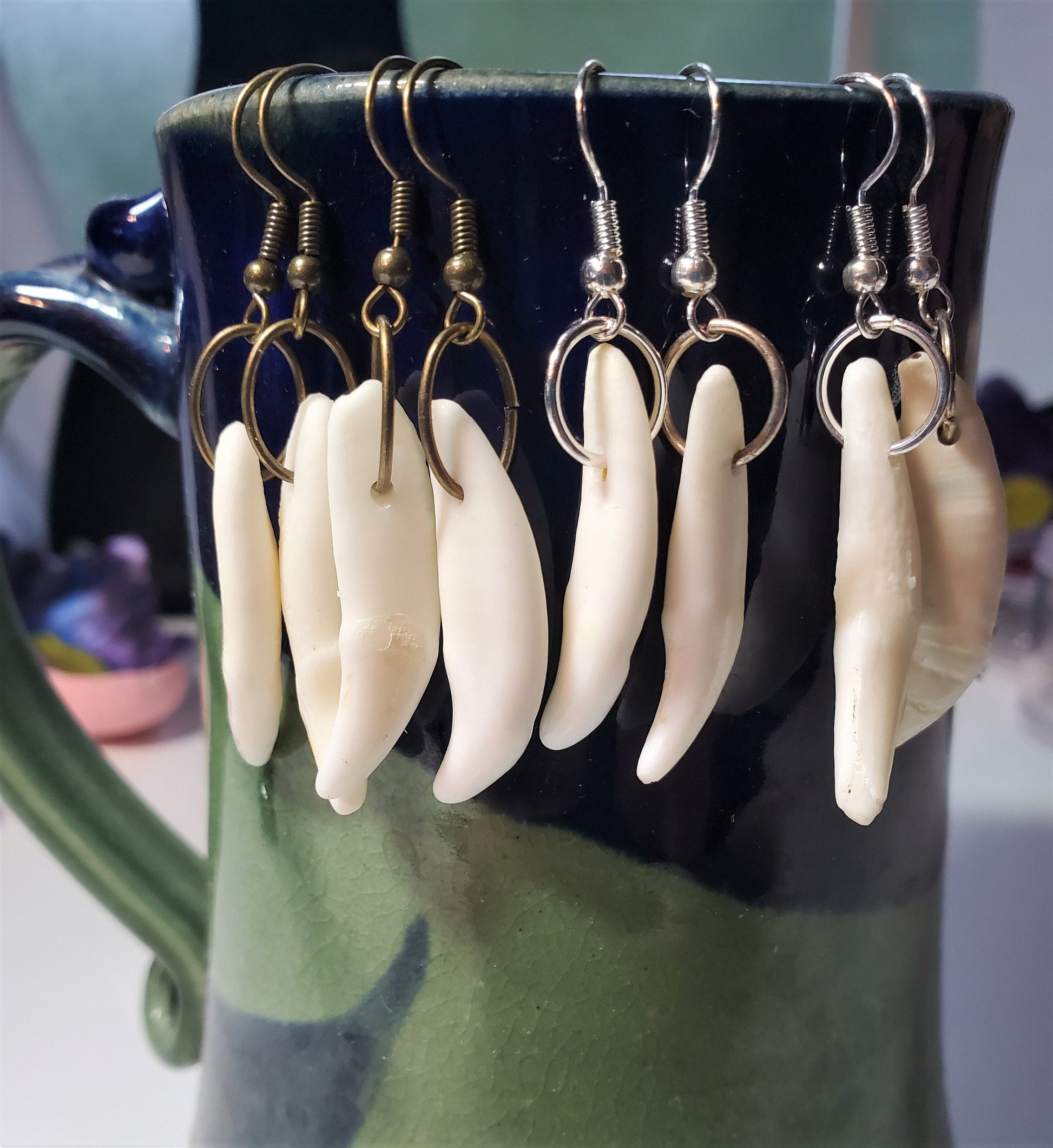 Real Canine Teeth Dangle Earrings, Real Animal Bone Drop Earrings for Barbarian Viking Hunter Costume Jewelry