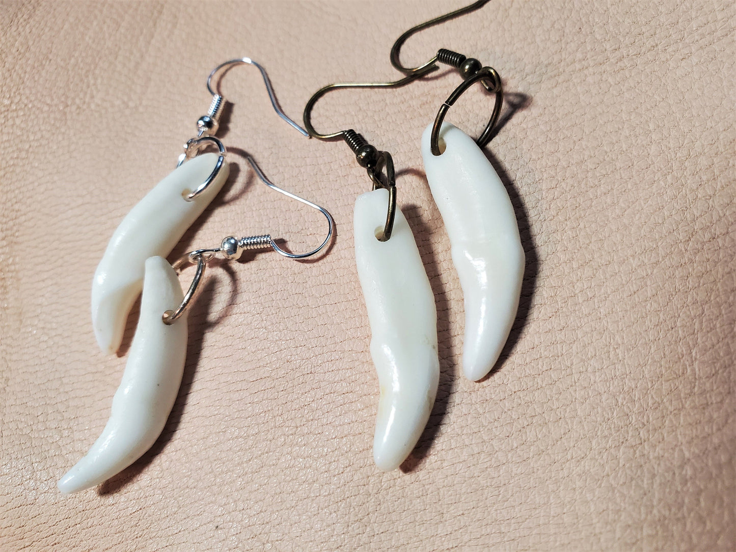 Real Canine Teeth Dangle Earrings, Real Animal Bone Drop Earrings for Barbarian Viking Hunter Costume Jewelry