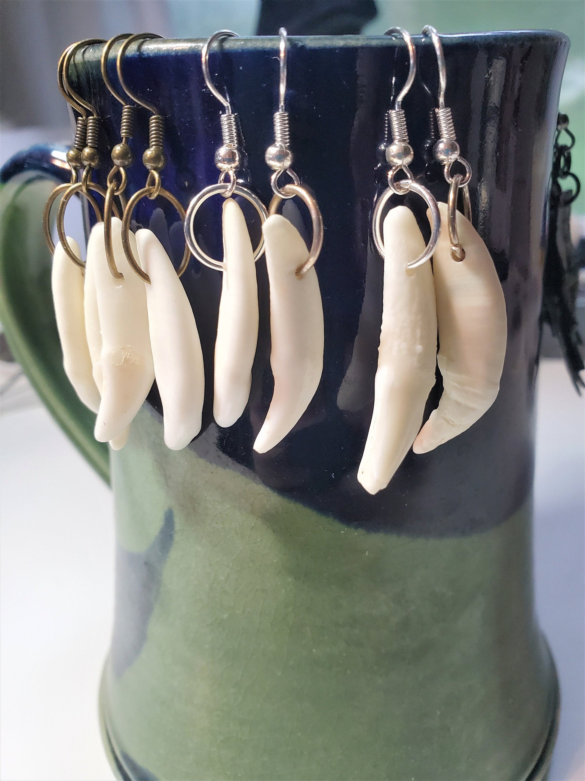 Real Canine Teeth Dangle Earrings, Real Animal Bone Drop Earrings for Barbarian Viking Hunter Costume Jewelry