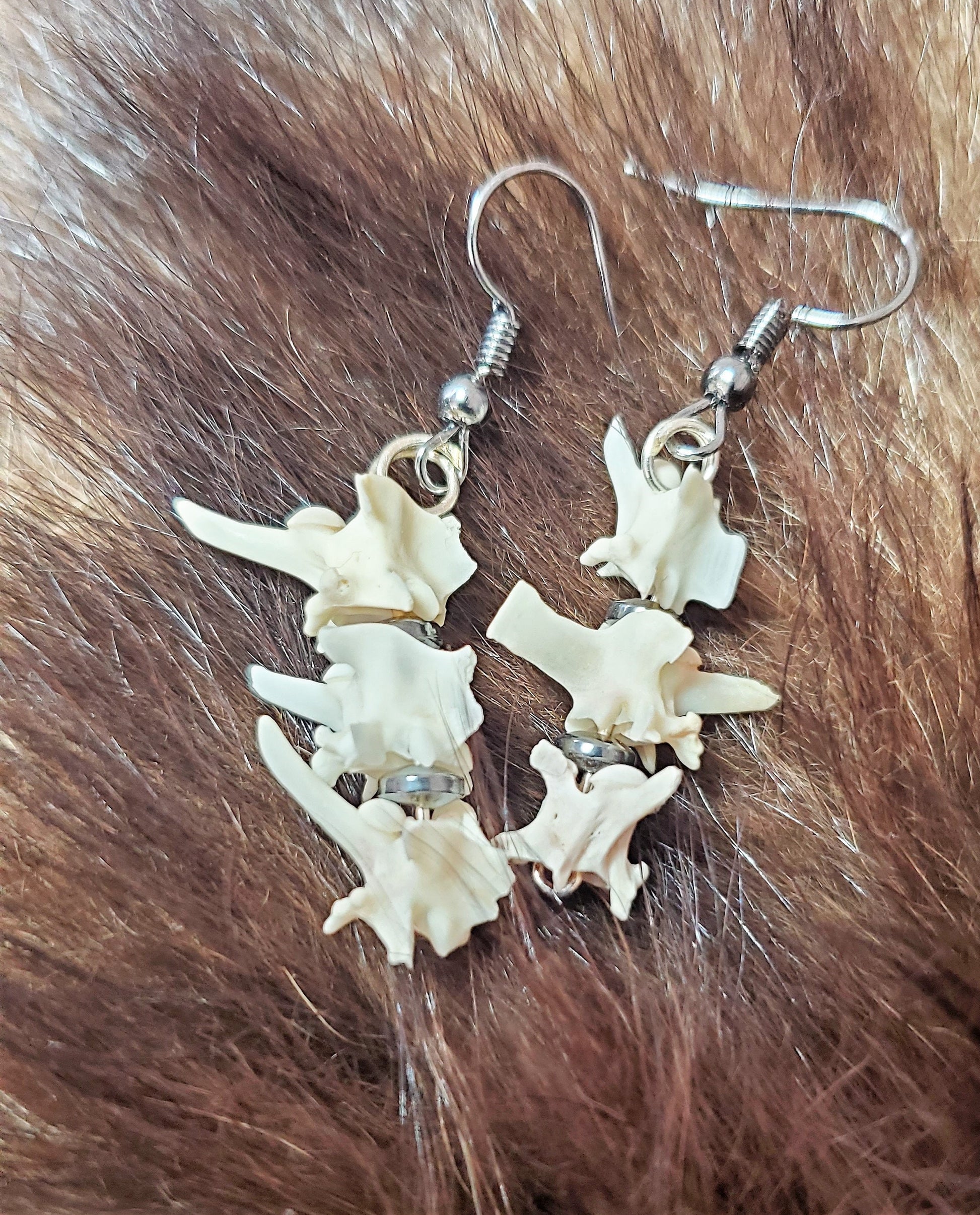 Rattlesnake Vertebrae and Hematite or Rainbow Glass Bead Drop Earrings, Real Snake Bone and Black Stone Iridescnet Dangle Earrings