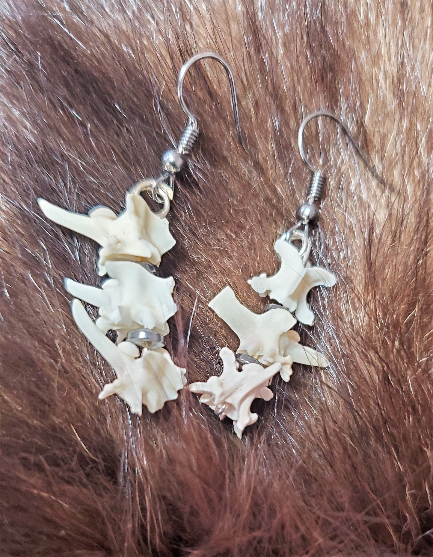 Rattlesnake Vertebrae and Hematite or Rainbow Glass Bead Drop Earrings, Real Snake Bone and Black Stone Iridescnet Dangle Earrings