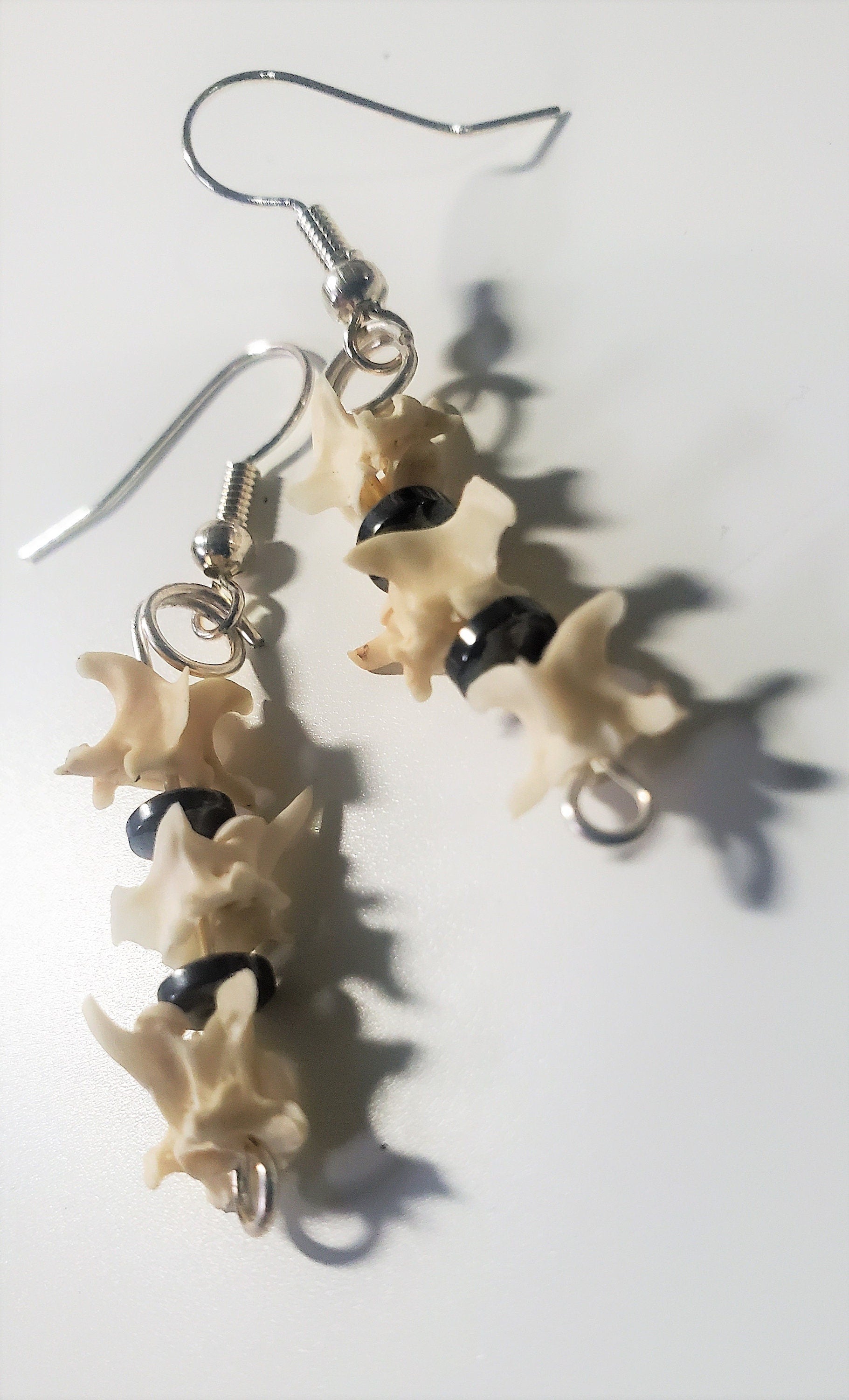 Rattlesnake Vertebrae and Hematite or Rainbow Glass Bead Drop Earrings, Real Snake Bone and Black Stone Iridescnet Dangle Earrings