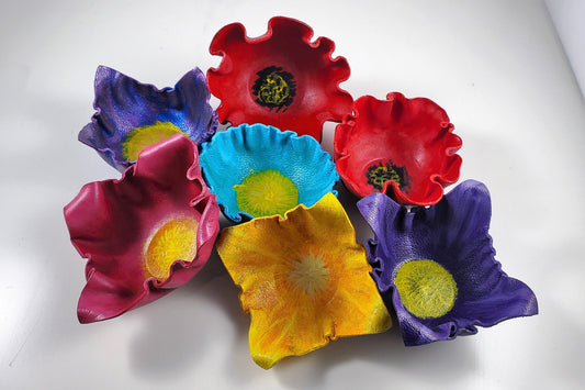 Blooming Flower Ring Dish, Various Blossom Hand Painted Leather Bowls