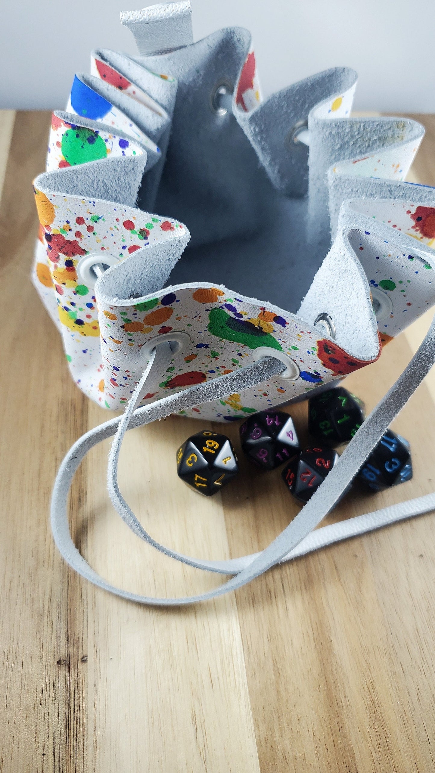 Rainbow Splatter Leather Drawstring DnD Dice Bag, Colorful Rune Pouch, Hand Dyed White Leather with Multicolored Spots