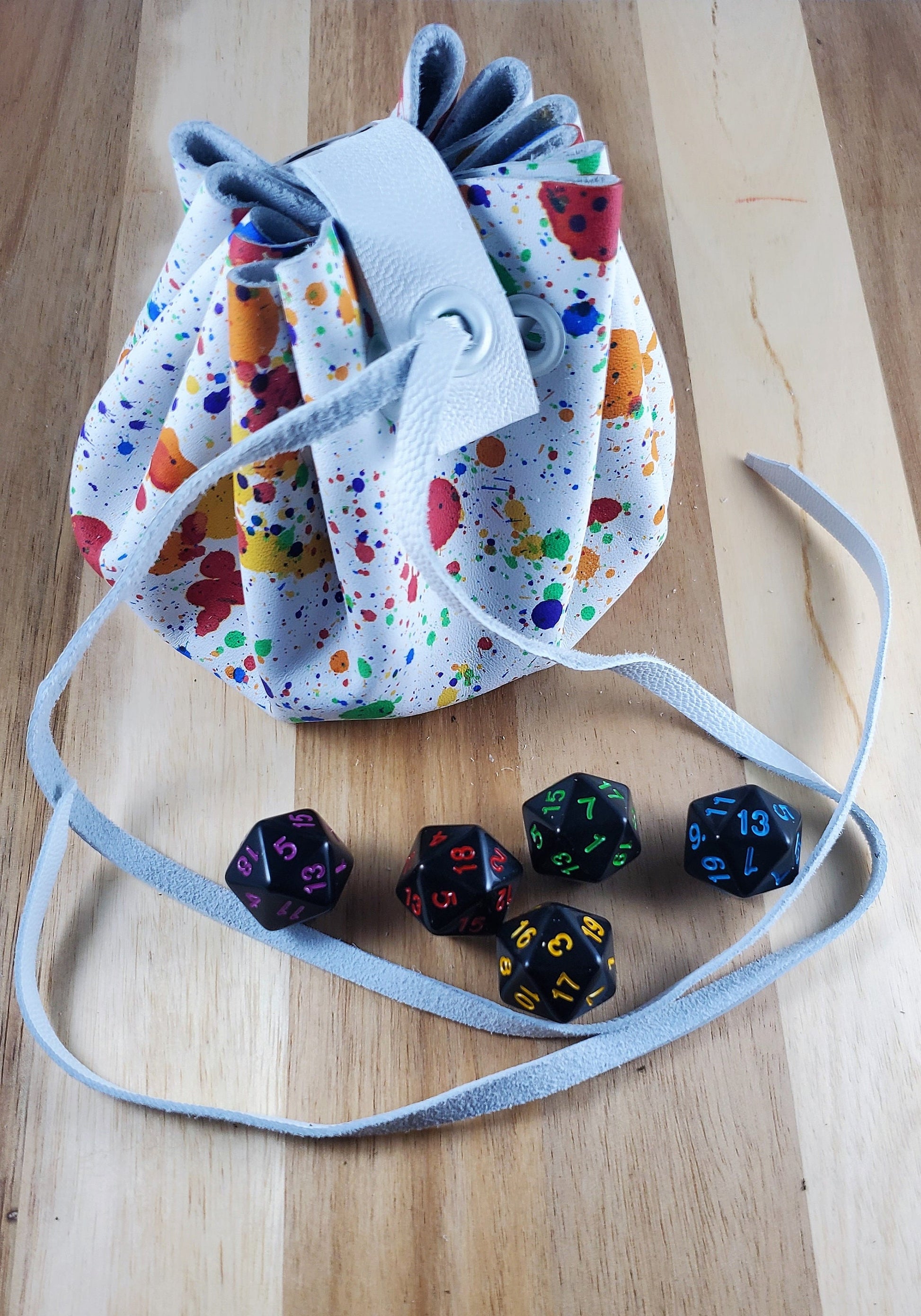 Rainbow Splatter Leather Drawstring DnD Dice Bag, Colorful Rune Pouch, Hand Dyed White Leather with Multicolored Spots