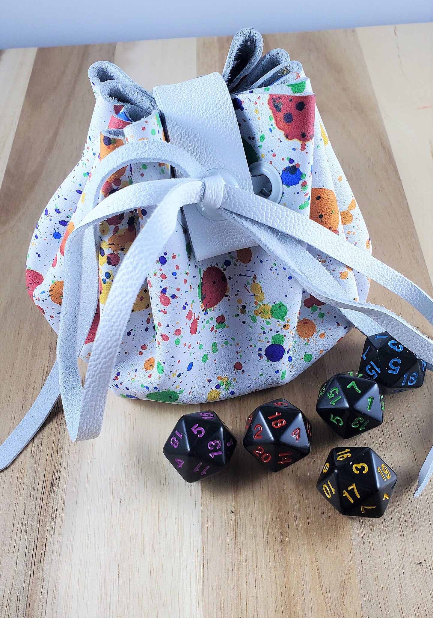 Rainbow Splatter Leather Drawstring DnD Dice Bag, Colorful Rune Pouch, Hand Dyed White Leather with Multicolored Spots