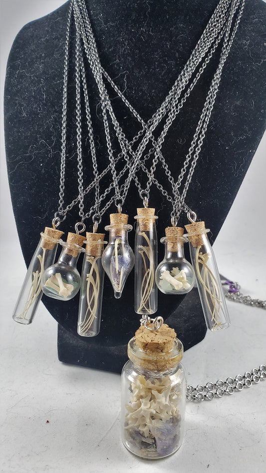 18" Curiosity Jar Necklace with Silver Chain; Real Bone Jar Jewelry with Rattlesnake Ribs and Vertebrae, Gift for Vulture Culture Fans