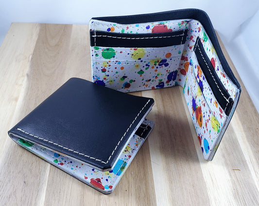 Rainbow Splatter Leather Wallet, Handmade with Black Exterior and Hand Dyed Spotted White and Multicolored Interior, Six Card Pockets