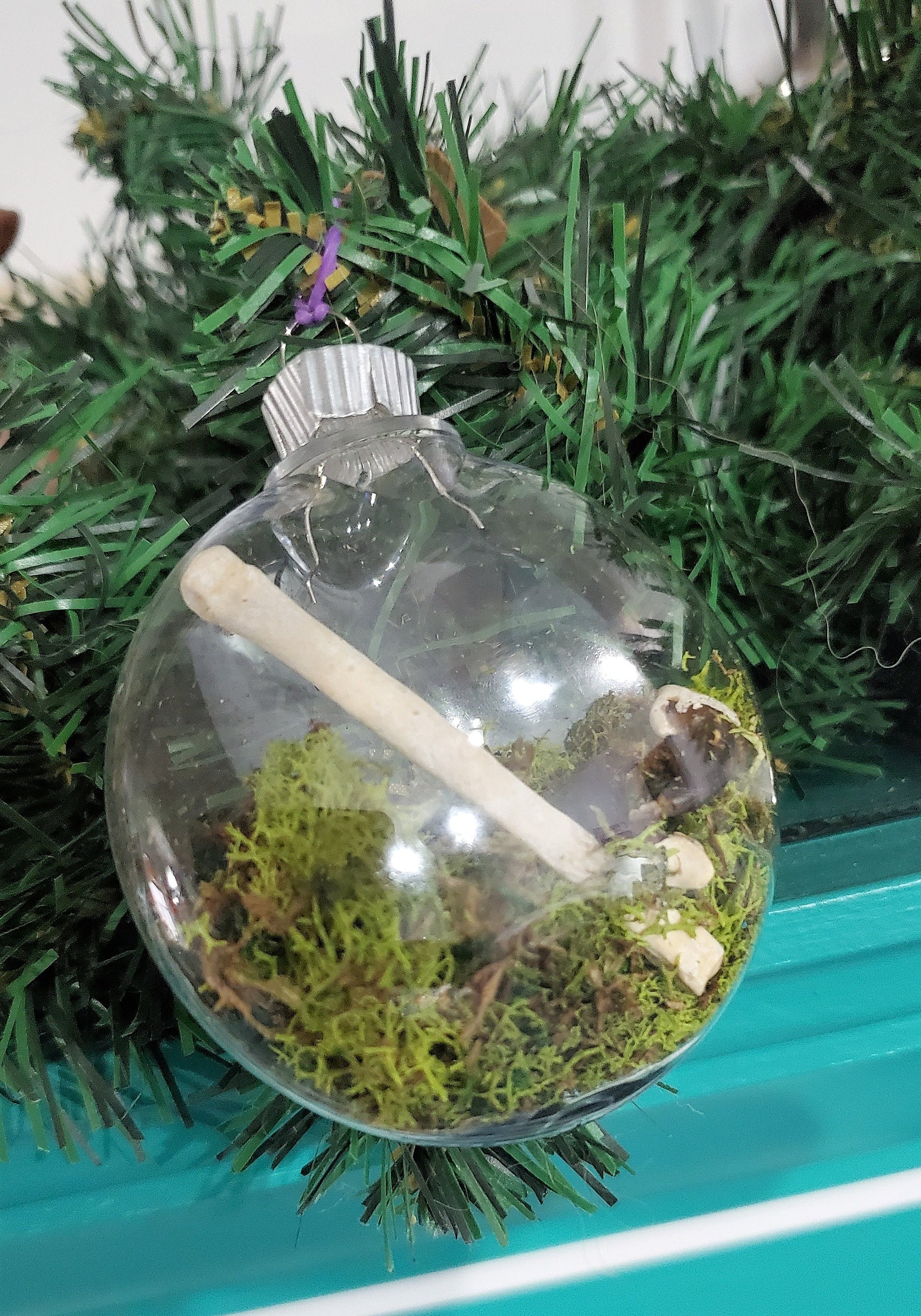 Oddity Ornament, Real Coyote Bones and Claws with Moss in Clear Hanging Ball, Curiosity Terrarium Christmas Hanger, Vulture Culture Decor